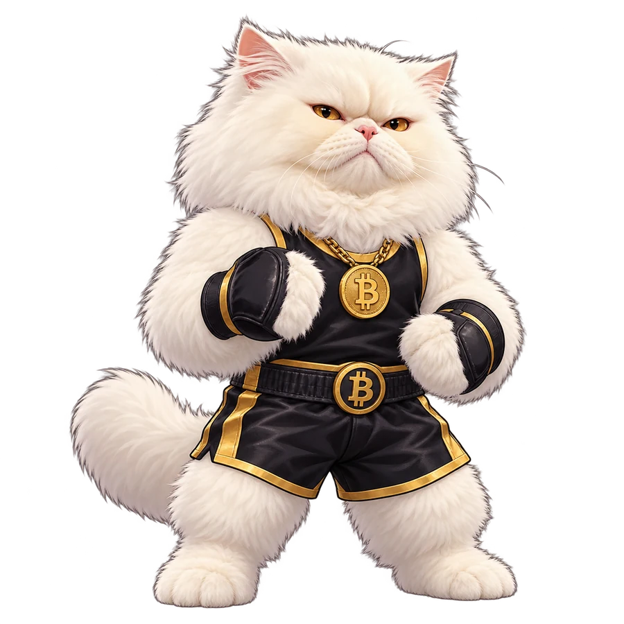 Oscar, a grumpy white Persian cat in black and gold fight gear